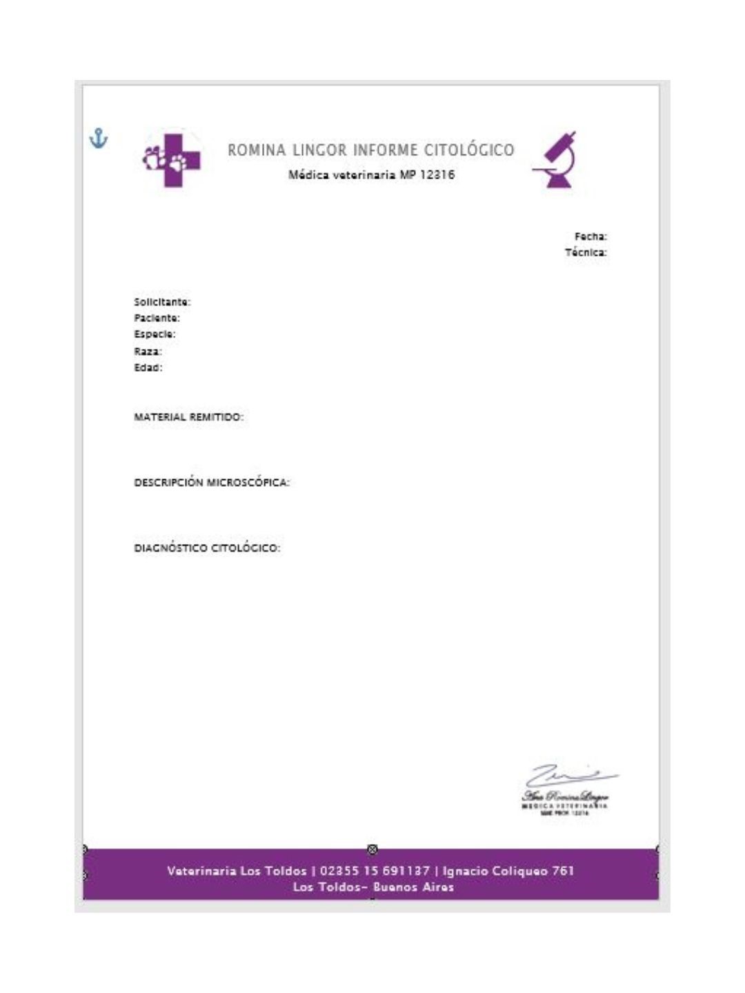 Informe citológico para veterinaria